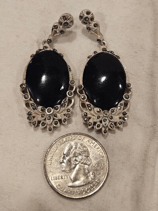 New earnings!! Free delivery #new #custommade #gold18kt  Heavy 16.9g Sterling Silver Black Onyx & Marcasite Drop Earrings